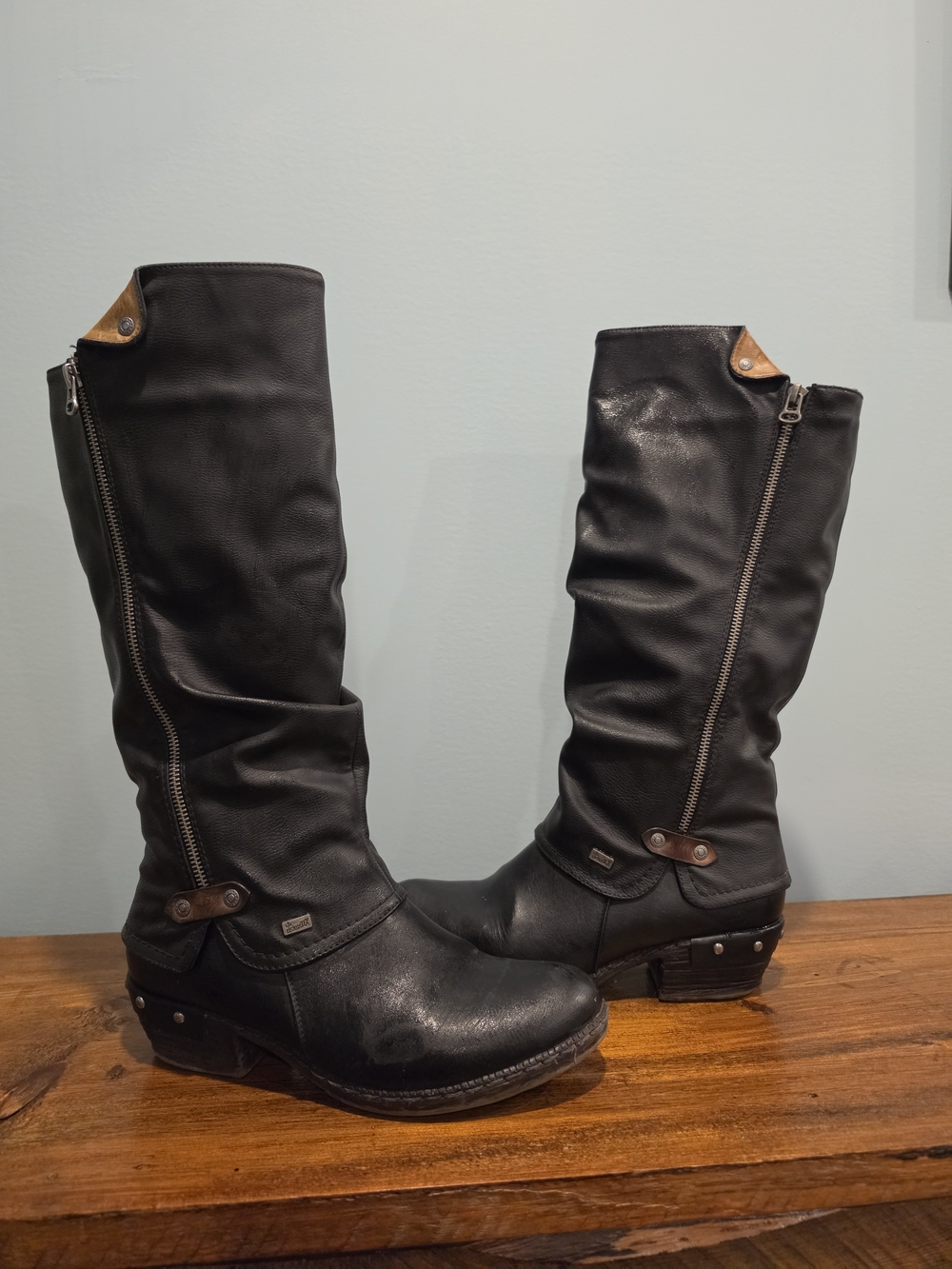 Rieker Black Knee-High Zip Leather Boots with Brown Accent